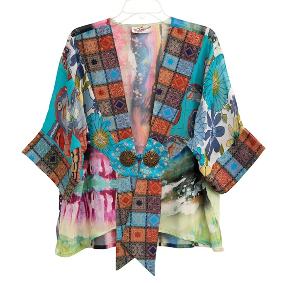 Sterling Styles Other - Kimono Silk Jacket OS Artistic Abstract Wearable Art Colorful Eclectic Geometric